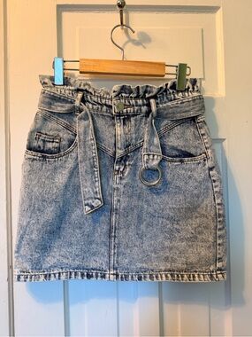 H&M Acid-Wash Light Blue Denim Mini Skirt with Belt Ring